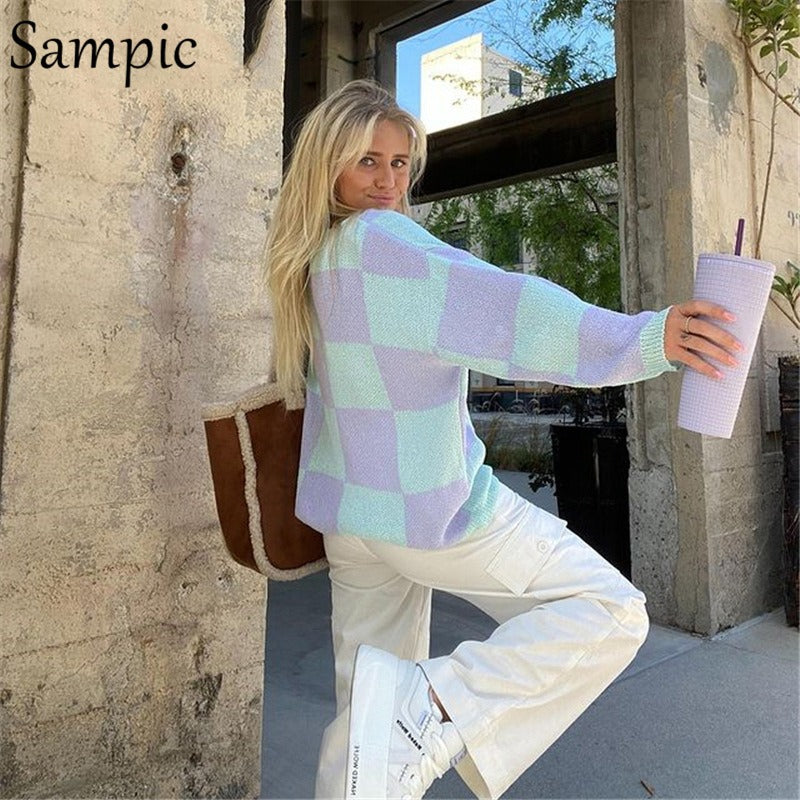 Large Plaid Knitted Women's Sweater New Korean Version Loose Medium Length Garden Collar Long Sleeve Knitted Cardigan