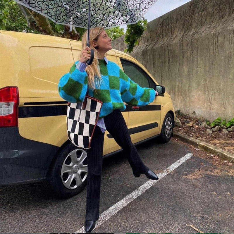 Large Plaid Knitted Women's Sweater New Korean Version Loose Medium Length Garden Collar Long Sleeve Knitted Cardigan