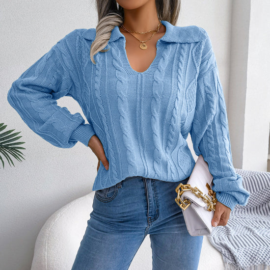 Autumn And Winter Casual Lapel Fried Dough Twist Lantern Sleeve Knitting Sweater