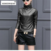 Plus Size Women Pu Turtleneck Blouse Metallic Long Sleeve faux leather Wet Look shirts op Ladies - foxberryparkproducts