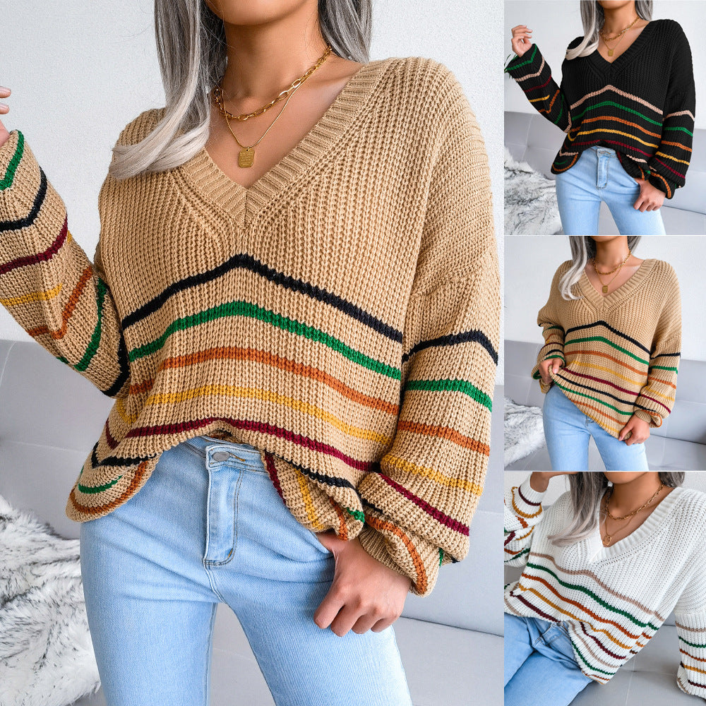 Autumn And Winter New Rainbow Stripes Casual Loose Sweater