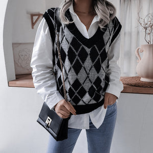Autumn And Winter College Style Diamond V-Neck Casual Loose Knit Vest Sweater