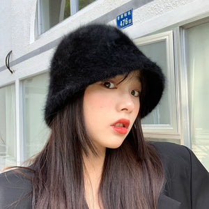 Winter women's fashion Solid color rabbit fur hat bucket cap - foxberryparkproducts