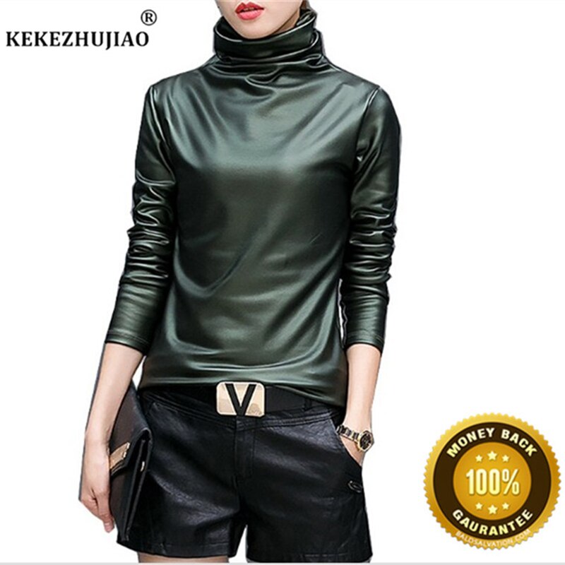 Plus Size Women Pu Turtleneck Blouse Metallic Long Sleeve faux leather Wet Look shirts op Ladies - foxberryparkproducts