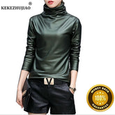 Plus Size Women Pu Turtleneck Blouse Metallic Long Sleeve faux leather Wet Look shirts op Ladies - foxberryparkproducts