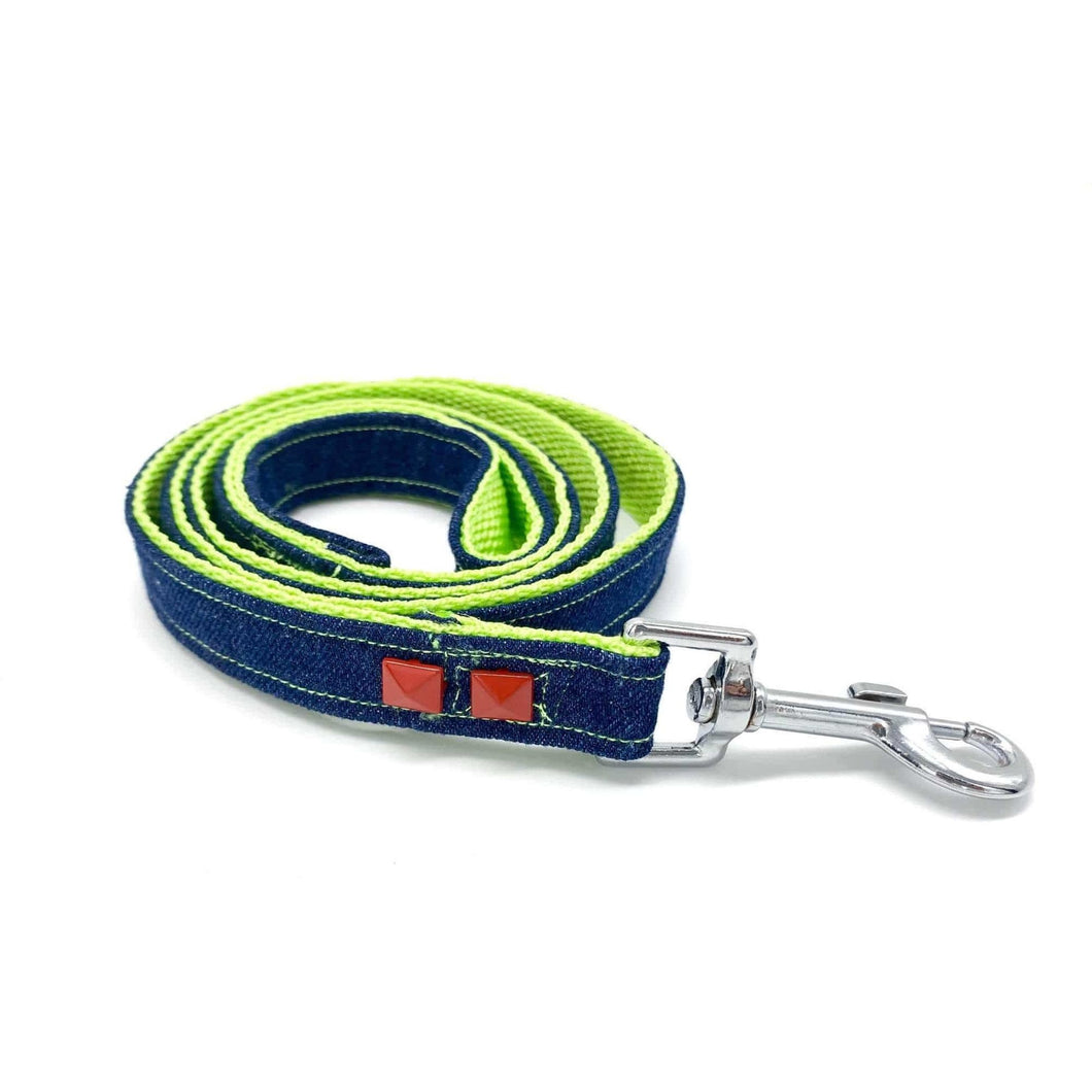 Navy denim & Neon dog leash with red studs - foxberryparkproducts
