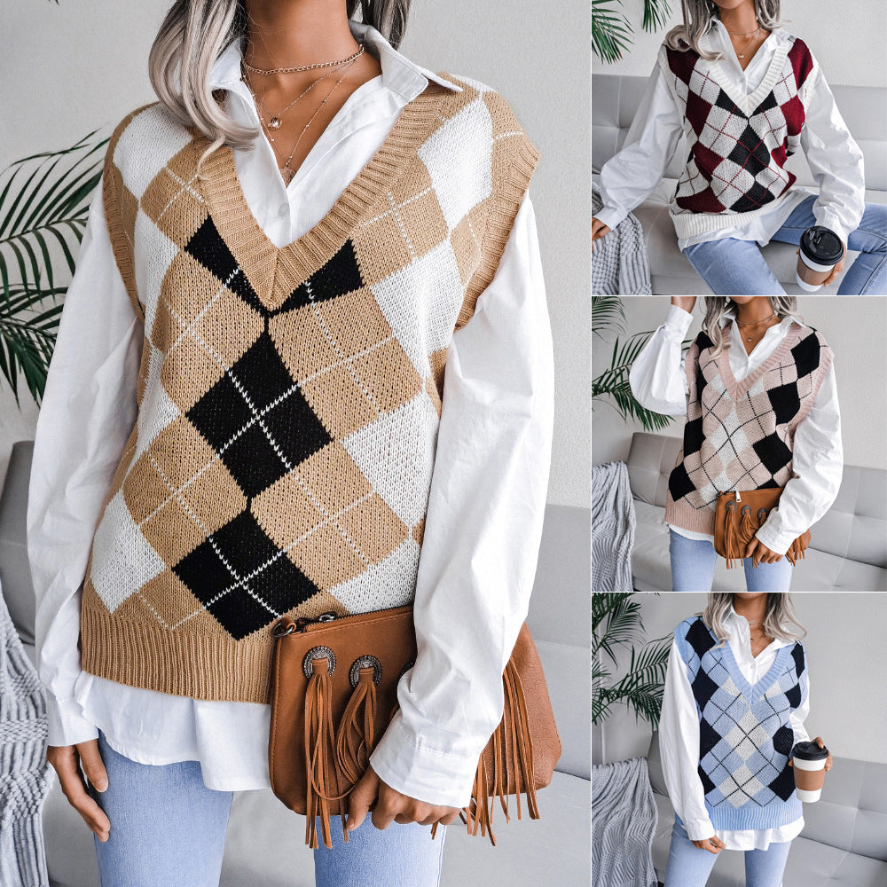 Autumn And Winter College Style Diamond V-Neck Casual Loose Knit Vest Sweater