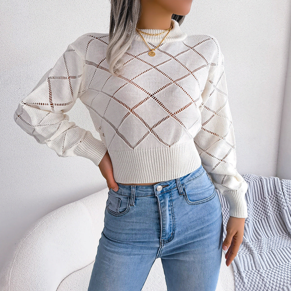 Ins Style Live Shot Autumn And Winter Hollow Plaid Long Sleeve Open Navel Knitting Sweater