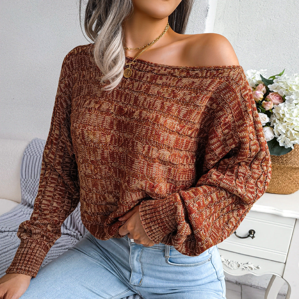 Ins Autumn Winter Fashion Colorful Fried Dough Twist Long Sleeve Off Shoulder Knitted Sweater