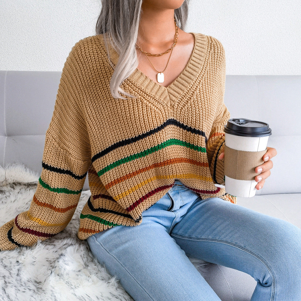 Autumn And Winter New Rainbow Stripes Casual Loose Sweater