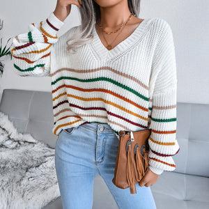 Autumn And Winter New Rainbow Stripes Casual Loose Sweater