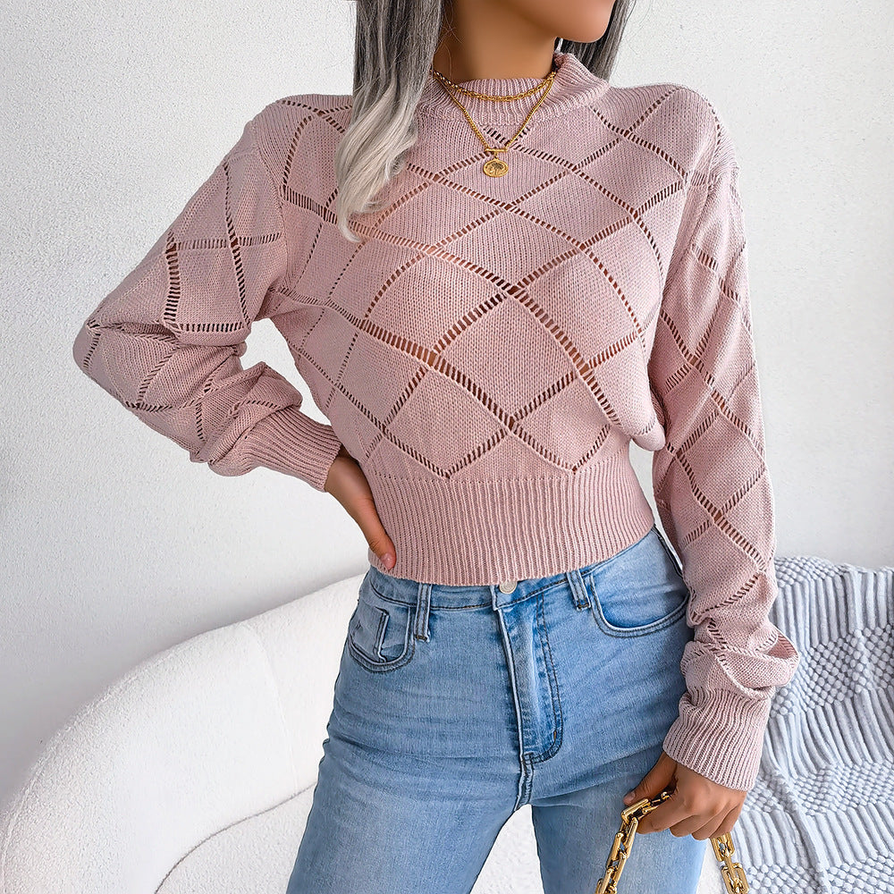 Ins Style Live Shot Autumn And Winter Hollow Plaid Long Sleeve Open Navel Knitting Sweater