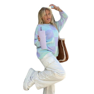 Large Plaid Knitted Women's Sweater New Korean Version Loose Medium Length Garden Collar Long Sleeve Knitted Cardigan