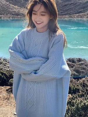 Green Diamond Sweater For Women In Autumn And Winter Thickened Loose Retro Lazy Style Sweet Fried Dough Twist Knitting Top