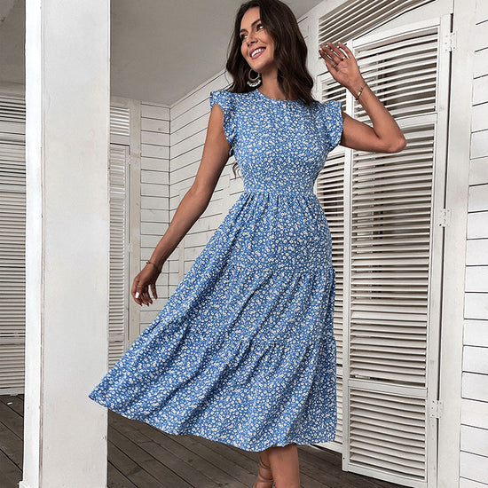 Summer Printed Women Midi Skirt European And American High Waist Small Flying Sleeve Floral Dress - foxberryparkproducts