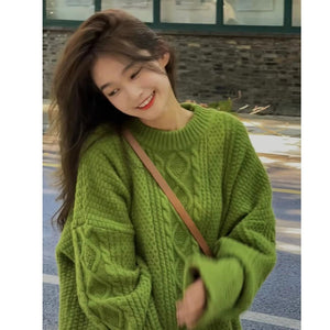 Green Diamond Sweater For Women In Autumn And Winter Thickened Loose Retro Lazy Style Sweet Fried Dough Twist Knitting Top