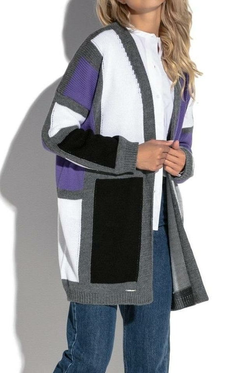 Bunte Strickjacke aus Wollmischung FOB558 Violett-Grau - foxberryparkproducts