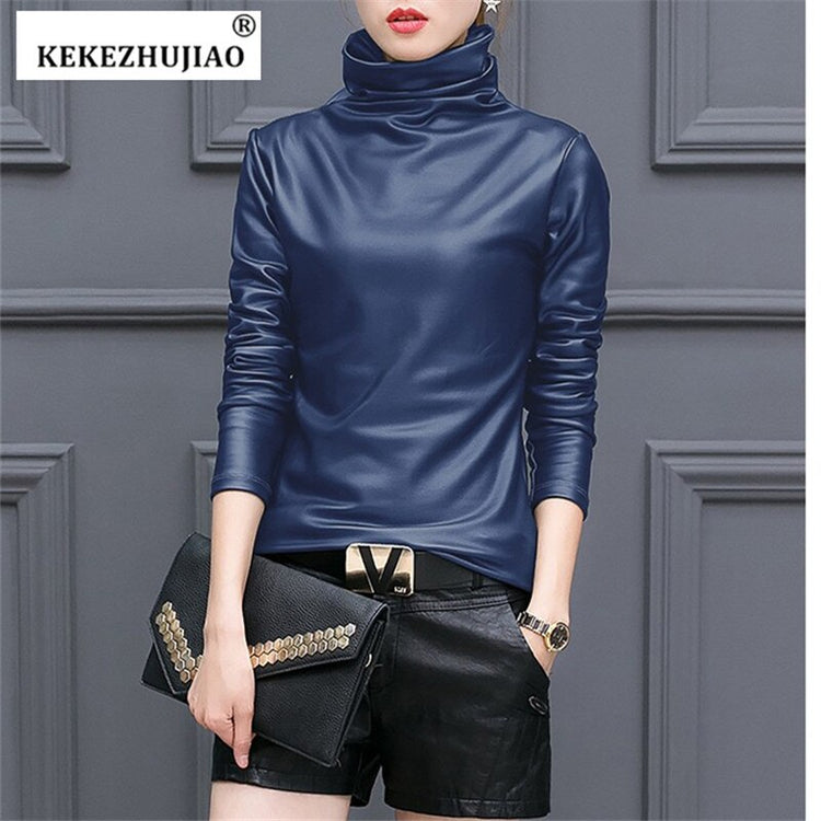 Plus Size Women Pu Turtleneck Blouse Metallic Long Sleeve faux leather Wet Look shirts op Ladies - foxberryparkproducts