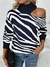 Load image into Gallery viewer, Zebra Pattern Print Cold Shoulder Knitted Turleneck Sweater - foxberryparkproducts
