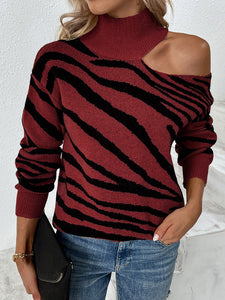 Zebra Pattern Print Cold Shoulder Knitted Turleneck Sweater - foxberryparkproducts