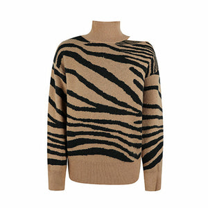Zebra Pattern Print Cold Shoulder Knitted Turleneck Sweater - foxberryparkproducts