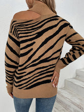 Load image into Gallery viewer, Zebra Pattern Print Cold Shoulder Knitted Turleneck Sweater - foxberryparkproducts
