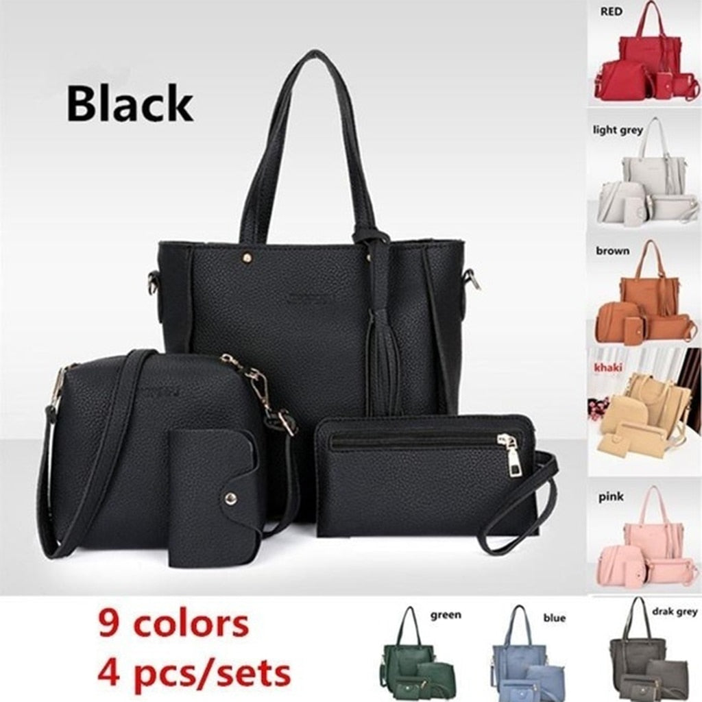 4pcs/Set PU Leather Handbag Fringe Shoulder Bags Purse Set Tote Bag Crossbody Bag Wallet Purse Messenger Satchel for Women