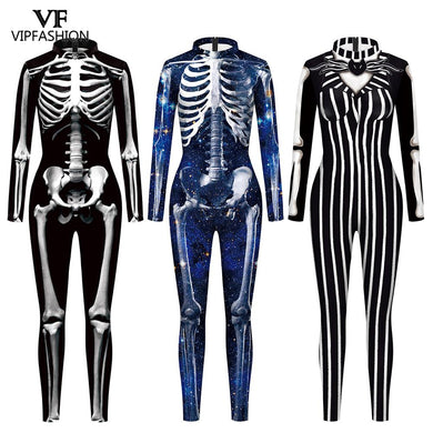 VIP FASHION Adult Skeleton Print Halloween Cosplay For Women Ghost Jumpsuit - foxberryparkproducts