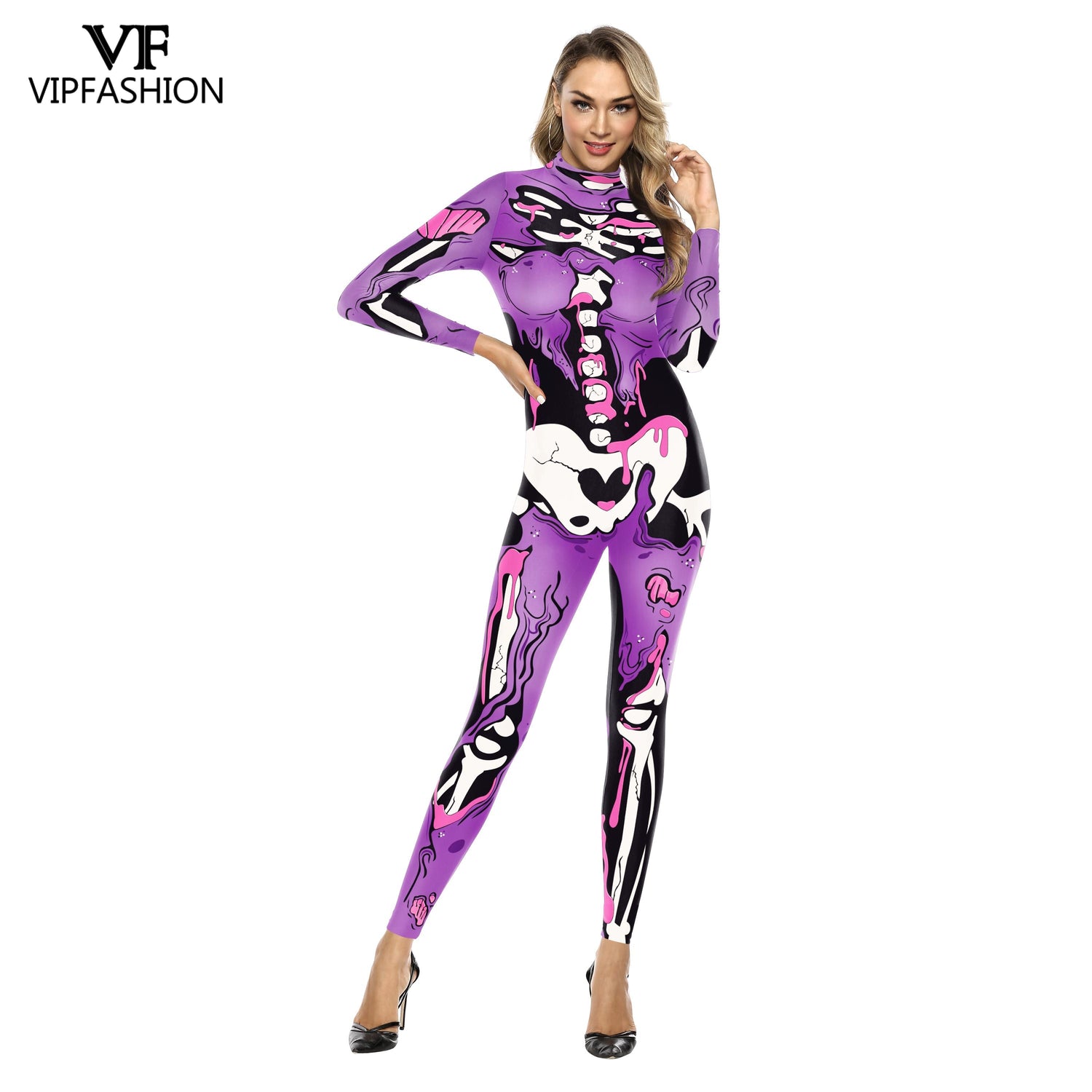 VIP FASHION Adult Skeleton Print Halloween Cosplay For Women Ghost Jumpsuit - foxberryparkproducts