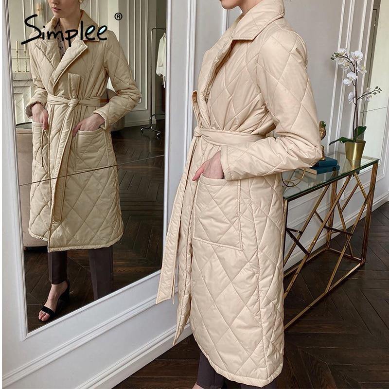 Simplee Long straight winter coat with rhombus pattern Casual sashes - foxberryparkproducts