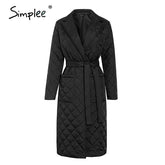 Simplee Long straight winter coat with rhombus pattern Casual sashes - foxberryparkproducts