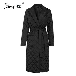 Simplee Long straight winter coat with rhombus pattern Casual sashes - foxberryparkproducts