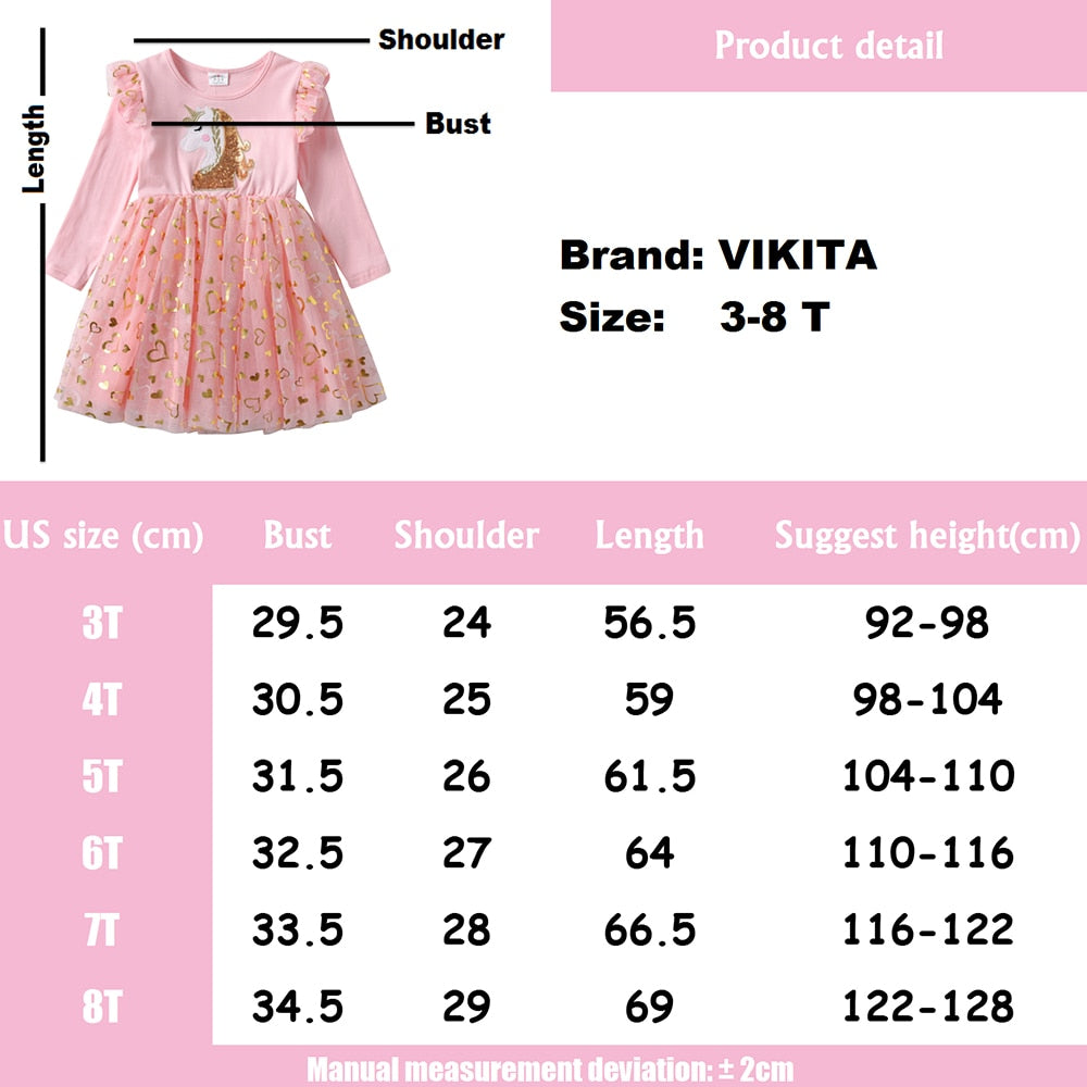 VIKITA Girls Princess Dress Unicorn Sequins Long Sleeve Autumn Dress Kids Birthday Party Wedding Tulle Dresses Children Clothing - foxberryparkproducts