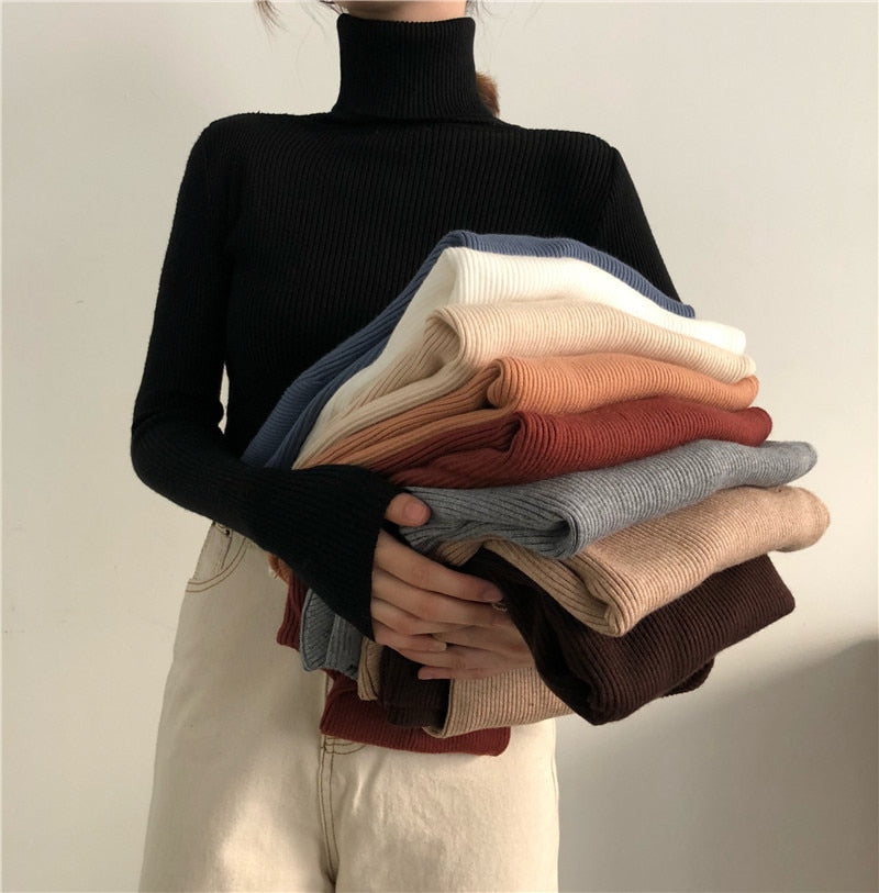 Women Turtleneck Sweaters Autumn Winter Korean Slim Pullover Women Basic Tops Casual Soft Knit Sweater Soft Warm Jumper - foxberryparkproducts
