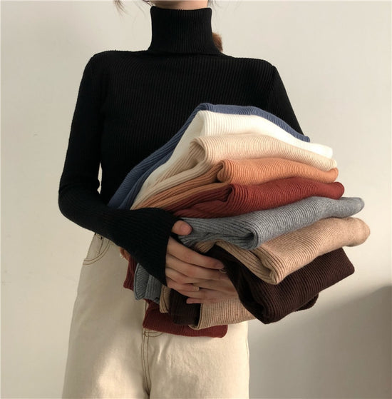 Women Turtleneck Sweaters Autumn Winter Korean Slim Pullover Women Basic Tops Casual Soft Knit Sweater Soft Warm Jumper - foxberryparkproducts