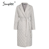 Simplee Long straight winter coat with rhombus pattern Casual sashes - foxberryparkproducts