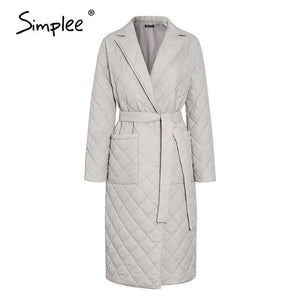 Simplee Long straight winter coat with rhombus pattern Casual sashes - foxberryparkproducts