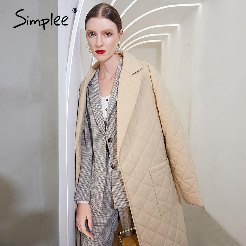 Simplee Long straight winter coat with rhombus pattern Casual sashes - foxberryparkproducts