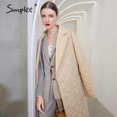 Simplee Long straight winter coat with rhombus pattern Casual sashes - foxberryparkproducts