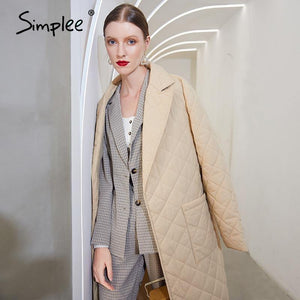 Simplee Long straight winter coat with rhombus pattern Casual sashes - foxberryparkproducts