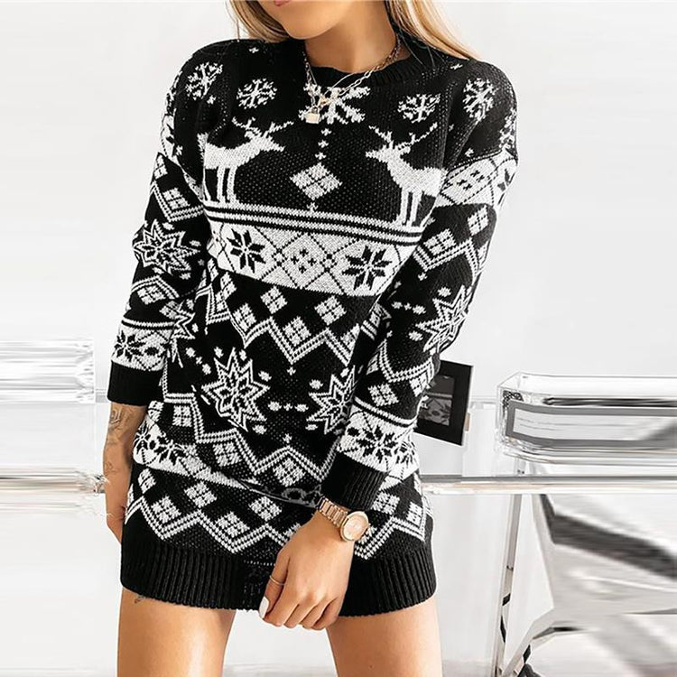 Christmas 2022 Elk Snowflake Print Party Dress - foxberryparkproducts