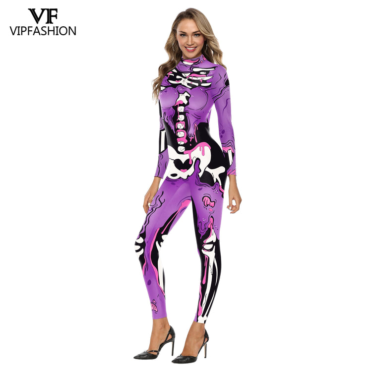 VIP FASHION Adult Skeleton Print Halloween Cosplay For Women Ghost Jumpsuit - foxberryparkproducts