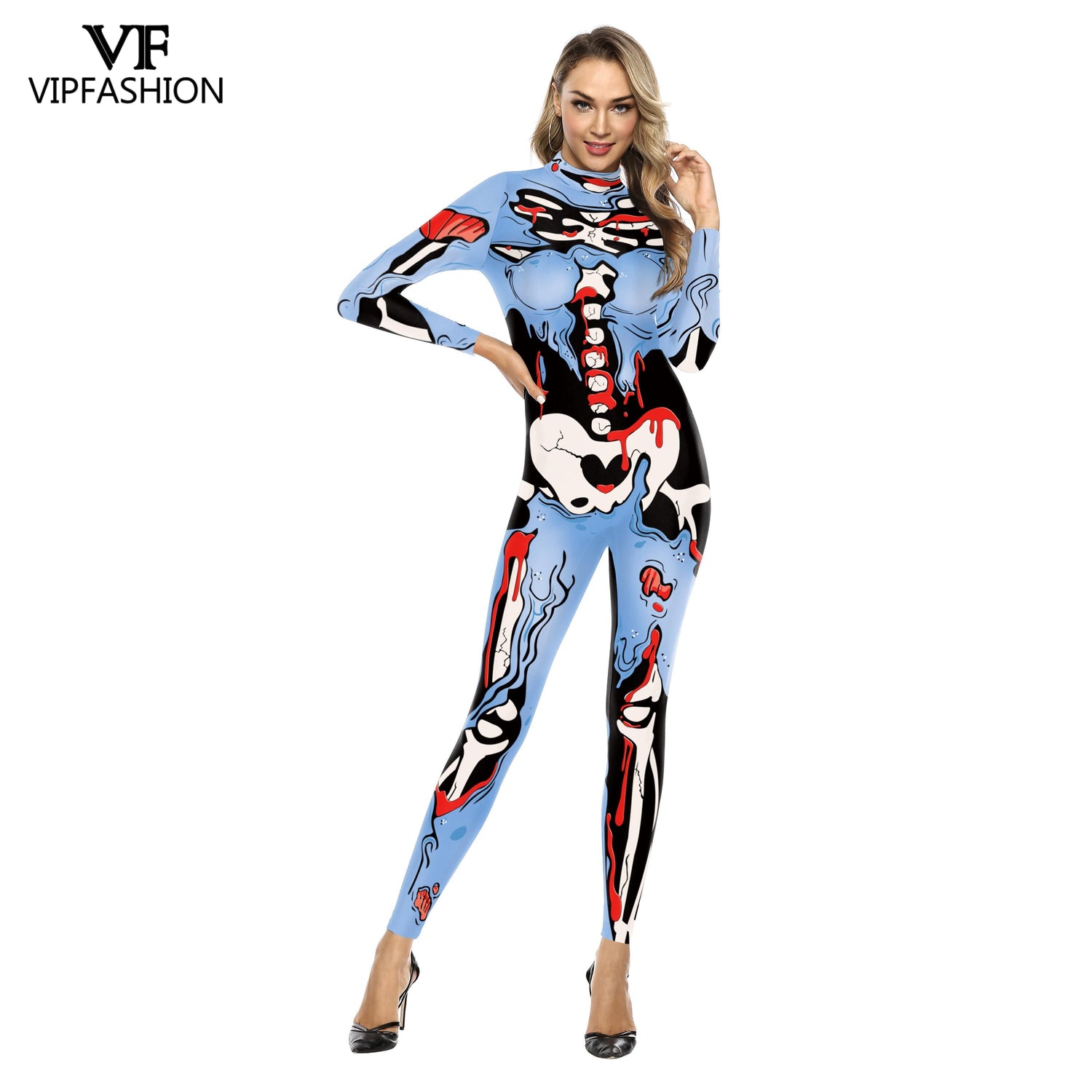 VIP FASHION Adult Skeleton Print Halloween Cosplay For Women Ghost Jumpsuit - foxberryparkproducts