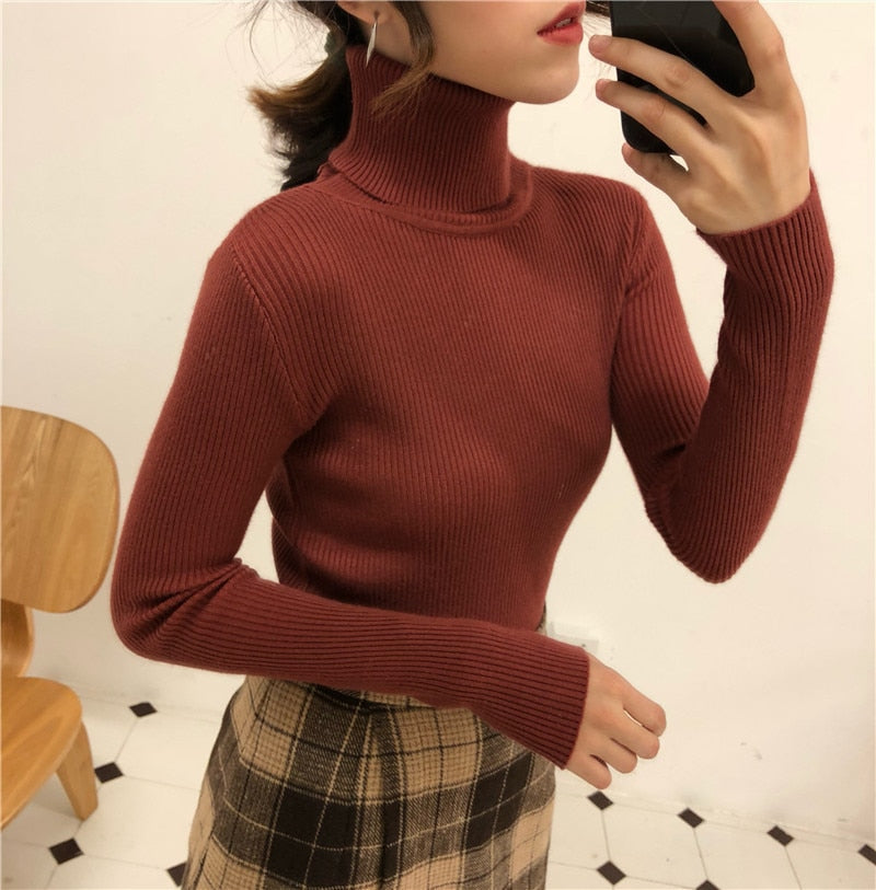Women Turtleneck Sweaters Autumn Winter Korean Slim Pullover Women Basic Tops Casual Soft Knit Sweater Soft Warm Jumper - foxberryparkproducts