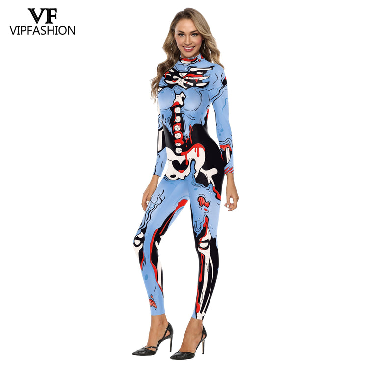 VIP FASHION Adult Skeleton Print Halloween Cosplay For Women Ghost Jumpsuit - foxberryparkproducts