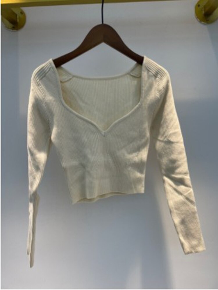 DEAT 2022 Autumn Autumn Short Square Collar Thin Knitted Pullovers Sweater Loose V-Neck Long Sleeve Women New Fashion 13U090 - foxberryparkproducts