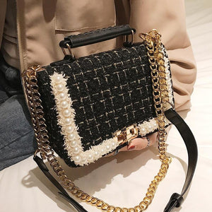Fashion New Female Square Tote bag Quality Woolen Pearl Women's Designer Handbag Ladies Chain Shoulder Crossbody Bag Travel - foxberryparkproducts