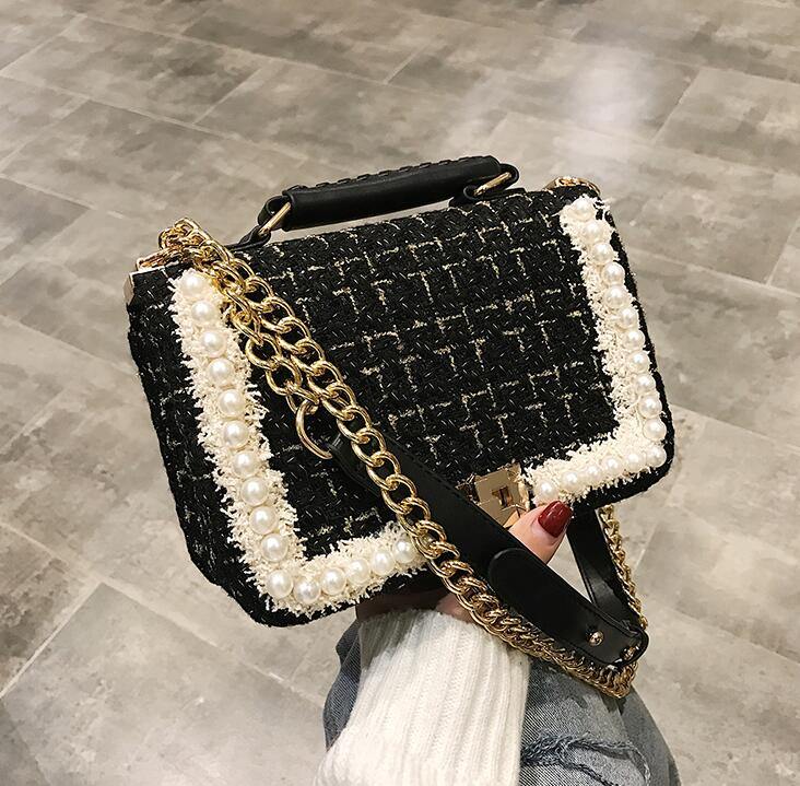 Fashion New Female Square Tote bag Quality Woolen Pearl Women's Designer Handbag Ladies Chain Shoulder Crossbody Bag Travel - foxberryparkproducts