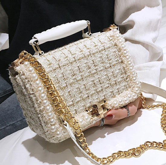 Fashion New Female Square Tote bag Quality Woolen Pearl Women&