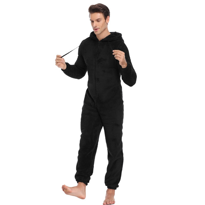 Men Warm Teddy Fleece Onesie Fluffy Sleep Lounge Adult Sleepwear One Piece Pyjamas Male Jumpsuits Hooded Onesies For Adult Men - foxberryparkproducts